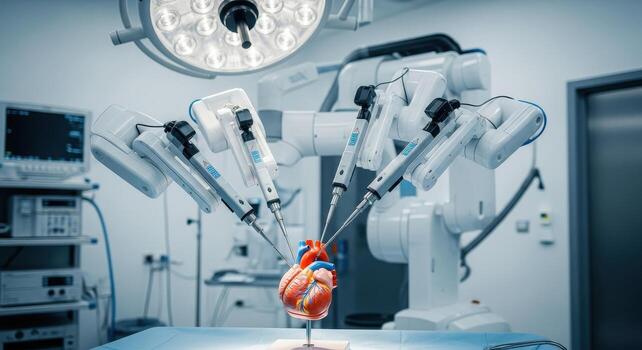 Advanced medical robotic arm performing intricate surgery on a human heart model in an operating room photo