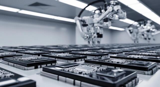Precision manufacturing of electronic components by robotic arms in a modern factory photo