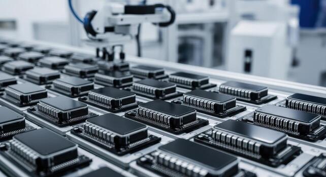 Automated production of electronic microchips on a conveyor belt in a modern factory photo