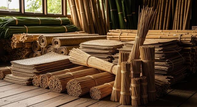 Meticulously sorted bundles of natural rattan canes and woven palm frond mats in a workshop photo