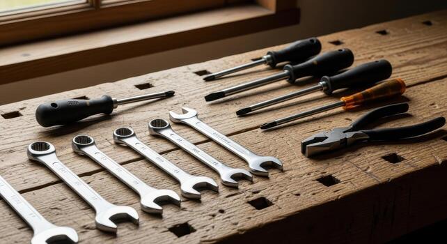 Collection of various hand tools including wrenches, screwdrivers, and pliers on a rustic wooden workbench photo