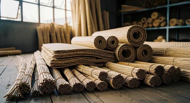 Bundled natural rattan canes and rolled woven palm frond mats neatly organized in a workshop photo