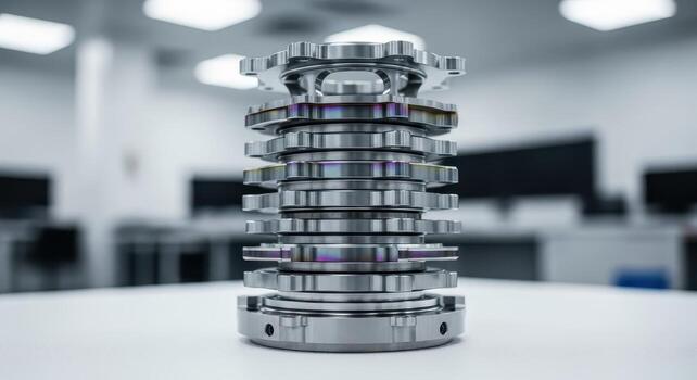 Stack of precision machined aerospace grade metal engine components in a clean industrial setting photo