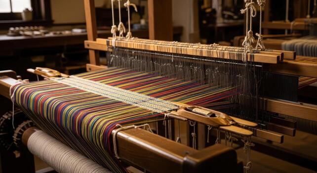 Antique hand loom with intricate multicolored warp threads under tension in a workshop photo