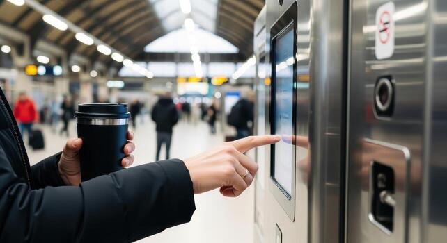 Commuter woman with coffee using a touchscreen ticket machine at a bustling station photo