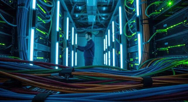 Professional photo of a modern data center with glowing server racks and network cables