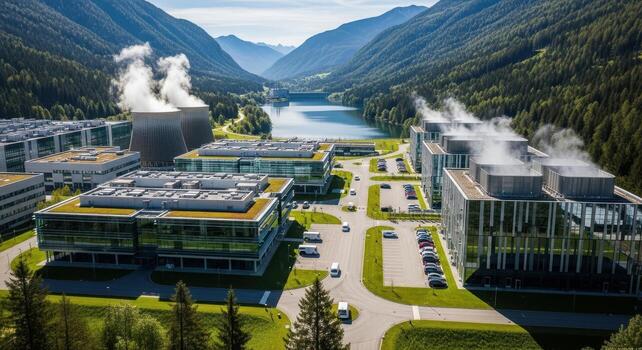 Modern data center campus with cooling towers and hydroelectric dam in mountain valley photo