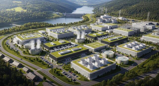 Aerial view of a vast modern data center campus with green roofs, powered by a hydroelectric dam photo