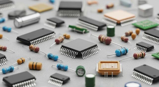Diverse collection of electronic components including microchips, resistors, and integrated circuits photo