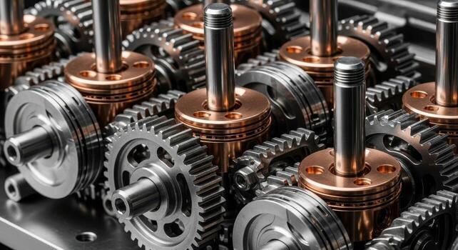 Close up of intricate interlocking polished titanium gears and shiny rose gold pistons photo