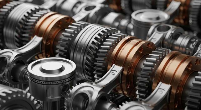 Close up view of intricate engine parts with shiny pistons, connecting rods, and gears photo