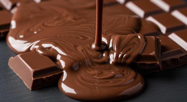Rich milk chocolate bar melting into a smooth, glossy puddle on a dark slate surface, close up photo
