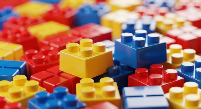 Vibrant colorful plastic interlocking building bricks scattered for creative play and education photo