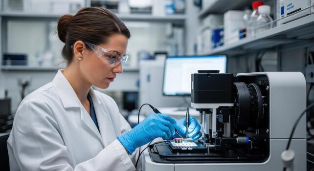 Female biomedical engineer meticulously working with advanced laboratory equipment in a sterile lab photo