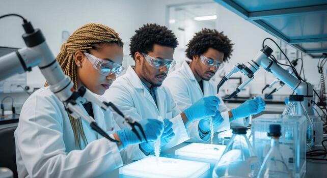Three diverse scientists conducting bio engineered research experiments in a modern laboratory photo