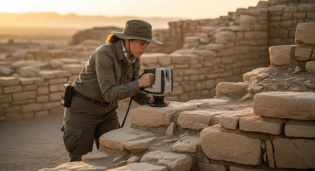 Female archaeologist maps ancient desert ruins with a modern laser scanner during golden hour photo