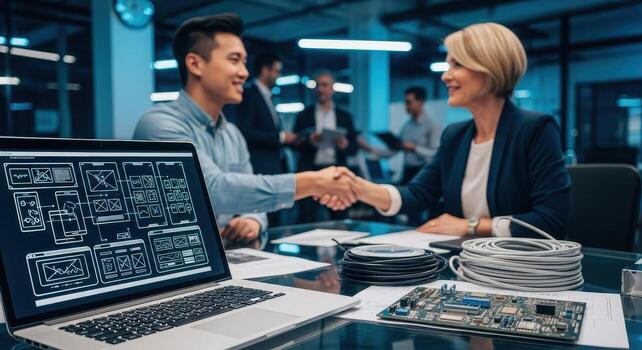 Diverse business partners shaking hands in a tech office, laptop with UI UX wireframes and circuit board photo
