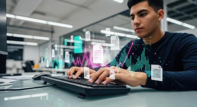 Young man typing on keyboard with holographic data visualization and digital documents in office photo