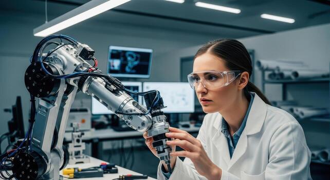 Young female engineer in a lab coat and safety glasses examining a robotic arm in a modern workshop photo