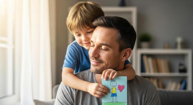 Loving son hugs his father from behind, presenting a handmade card with a drawing photo