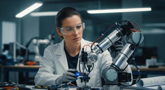Young female engineer in lab coat and safety glasses working on a sophisticated robotic arm photo
