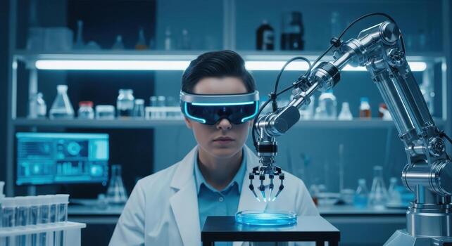Scientist in VR headset controls robotic arm in modern laboratory for advanced research photo