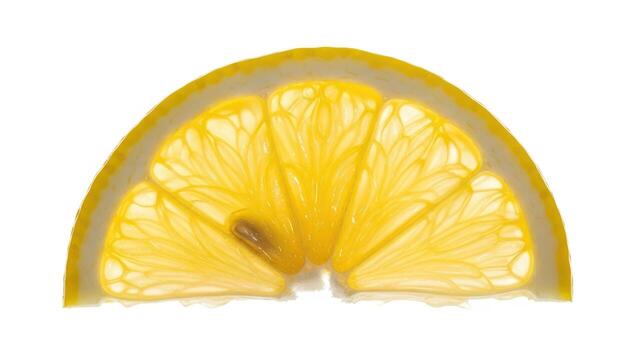 Close up macro photograph of a translucent lemon slice with a seed, isolated on white photo
