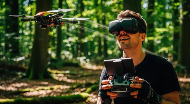 Adventurous drone pilot wearing FPV goggles and holding controller flying drone in forest photo