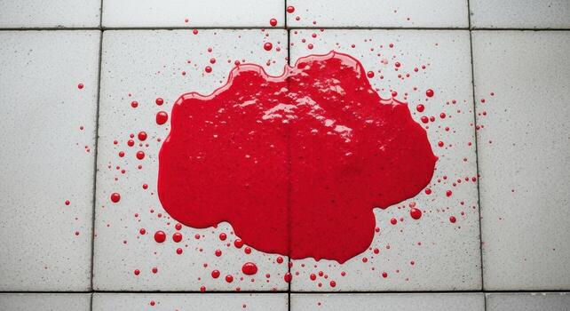 Vibrant red berry smoothie spilled across light gray concrete tiles with messy splatters photo