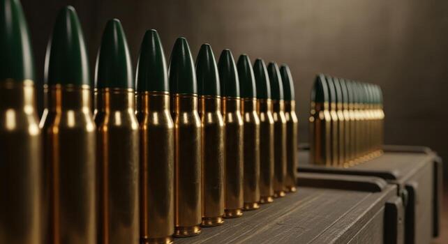 Hyper realistic close up of vintage brass artillery shells with dark green tips lined on a wooden ammunition crate photo