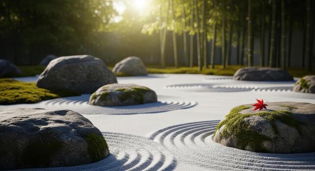 Serene japanese zen garden with raked sand patterns, mossy rocks, and bamboo trees photo