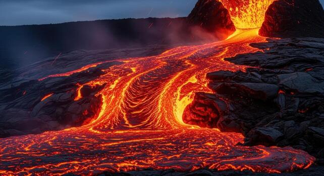 Hyper realistic close up of molten lava flowing down a volcanic slope at dusk photo