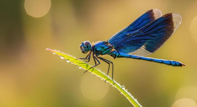 Hyper realistic extreme close up macro photograph of a vibrant blue dragonfly on dewy grass photo