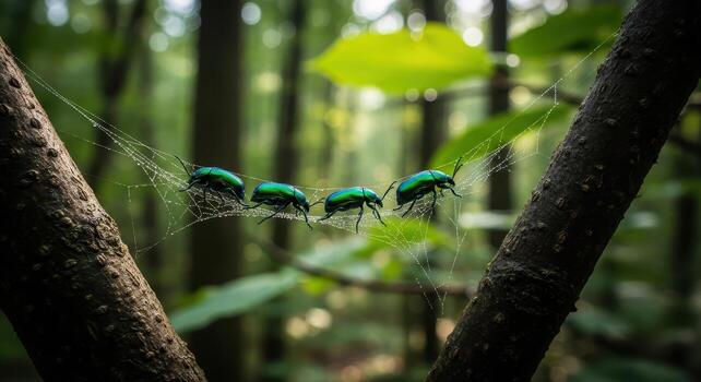 Four iridescent green beetles meticulously traversing a dew covered spider web in a forest photo