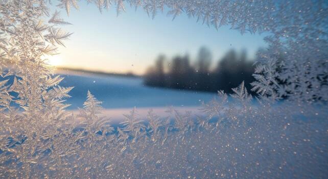 Intricate frost patterns on a window pane with a blurred winter landscape and golden sunlight photo