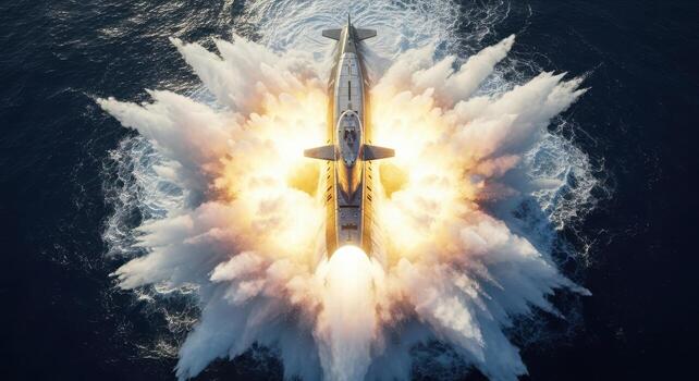 Futuristic submarine emerging from deep ocean water with a powerful explosive splash photo