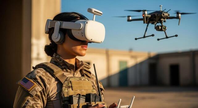 Female soldier in desert camouflage operating a drone with a virtual reality headset photo