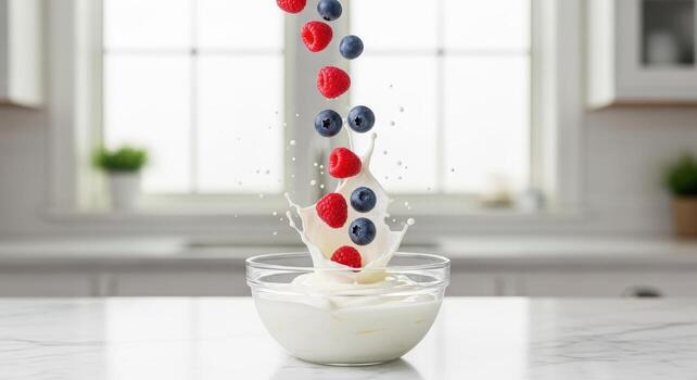 Vibrant blueberries and raspberries splashing into a bowl of creamy white yogurt photo