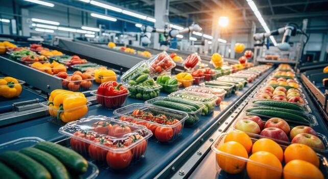 Vibrant fresh produce, fruits and vegetables, sorted and packaged on automated conveyor belt photo