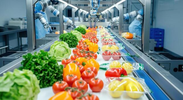 Robotic automation sorting fresh vegetables on conveyor belt in modern food processing facility photo
