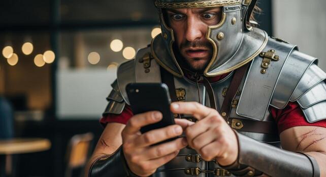 Flustered roman legionary in historical armor using a smartphone with a bewildered expression. photo