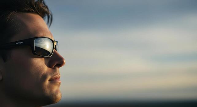 Man in sport sunglasses, side profile, reflecting bright sky, calm and contemplative expression photo