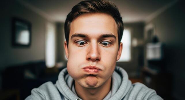 Close up portrait of a young man making a silly face with puffed cheeks and crossed eyes photo