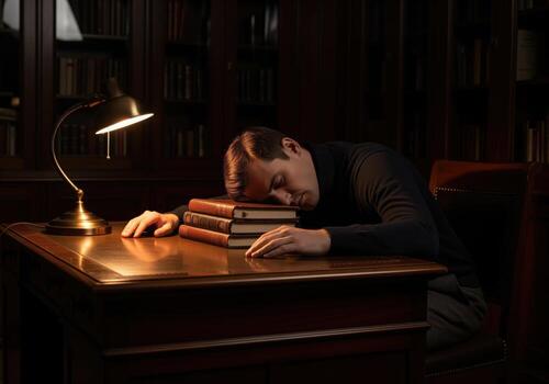 Exhausted man sleeping on a stack of books at a desk in a dark vintage library with a glowing lamp photo