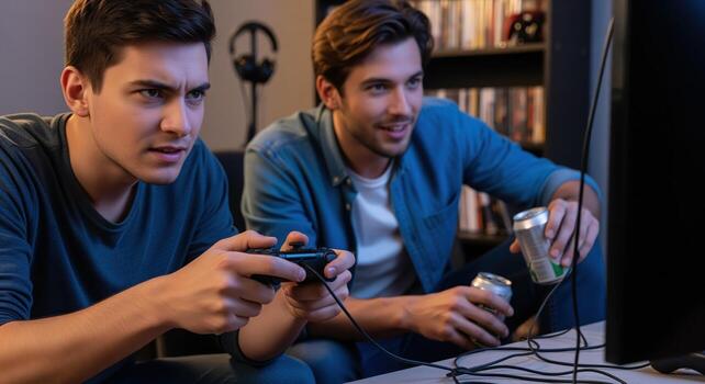 Two young men playing intense game session at home, focused on screen photo