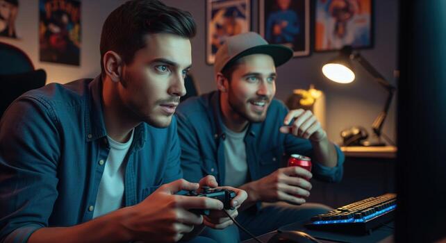 Two young men engrossed in an intense game session in a dimly lit room photo