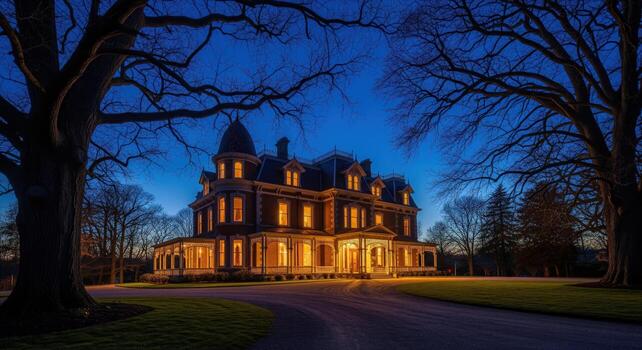 Magnificent victorian mansion illuminated at dusk, framed by grand bare trees and a winding driveway photo