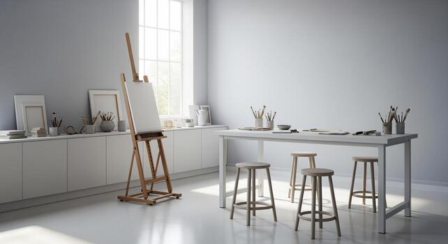Bright and minimalist art studio with easel, blank canvas, and creative workspace bathed in natural light photo