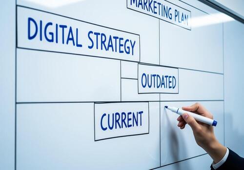 Hand writing digital strategy and marketing plan on a whiteboard, showing current and outdated concepts. photo