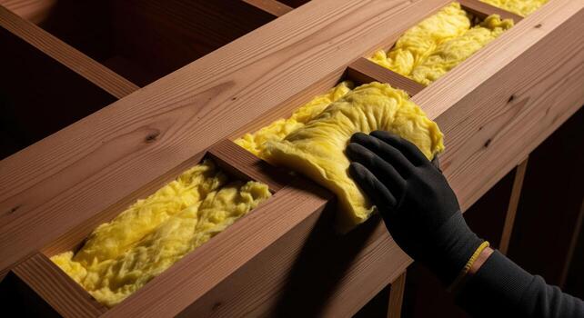 Gloved hand installing yellow insulation in wooden ceiling beams for home energy efficiency photo